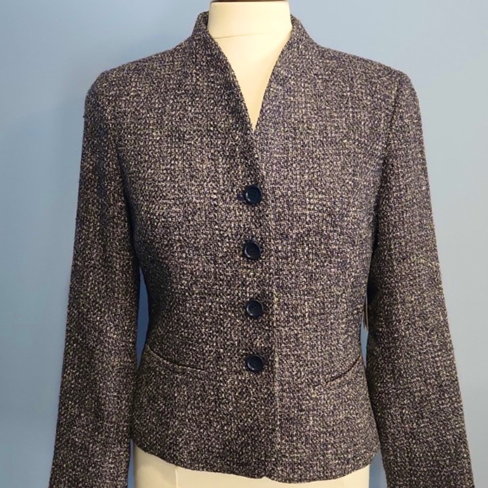 COLDWATER CREEK Jacket Boucle Tweed Suit Blazer Blue Gray Cream Size 10